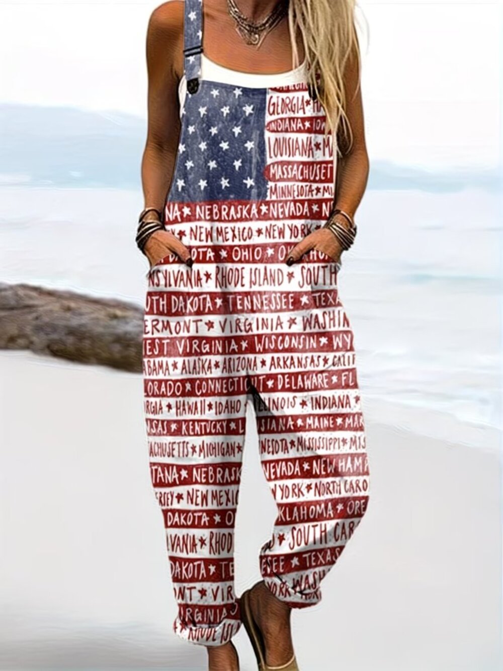 Women's American Flag & States Overalls; size medium